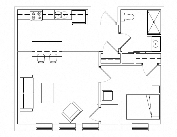 Floor plan for 1 bed, 1 bath, 724 sqft
